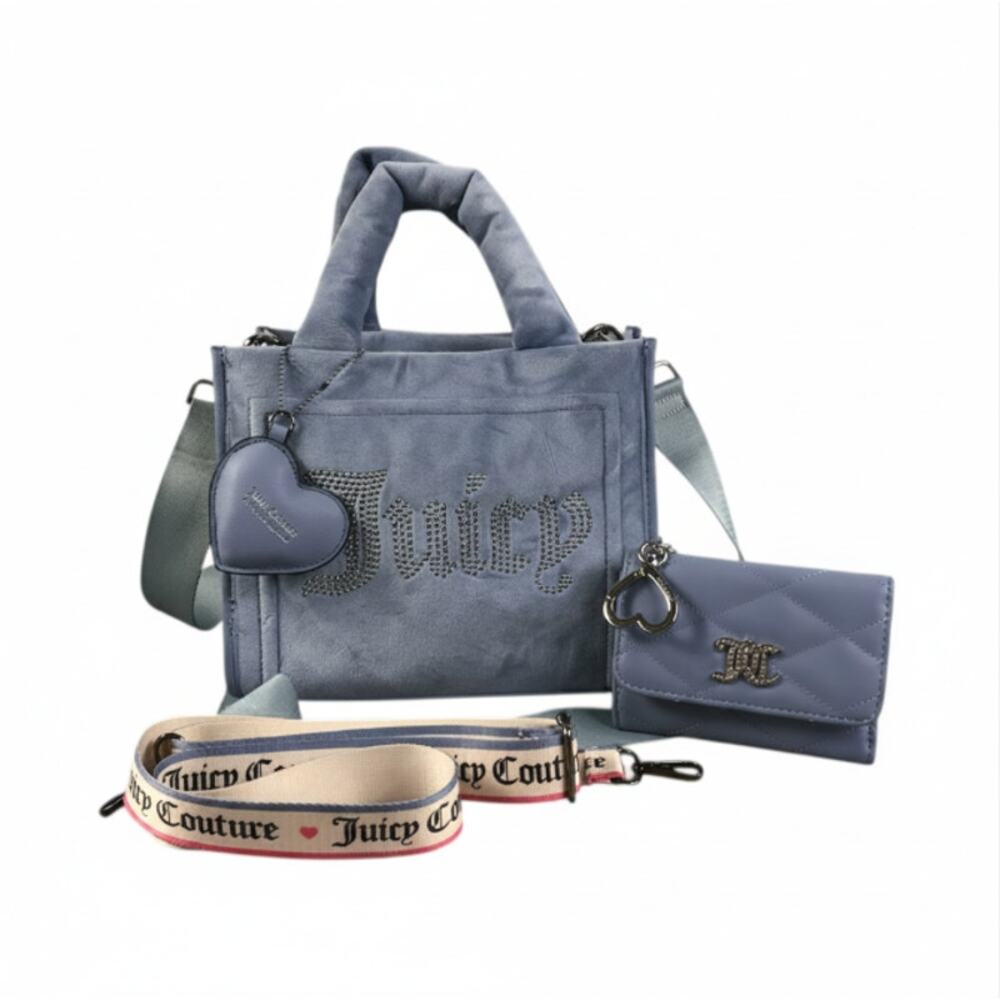 JUICY COUTURE Spender Rhinestoned Logo Velour Mini Tote And Wallet Blue NWOT